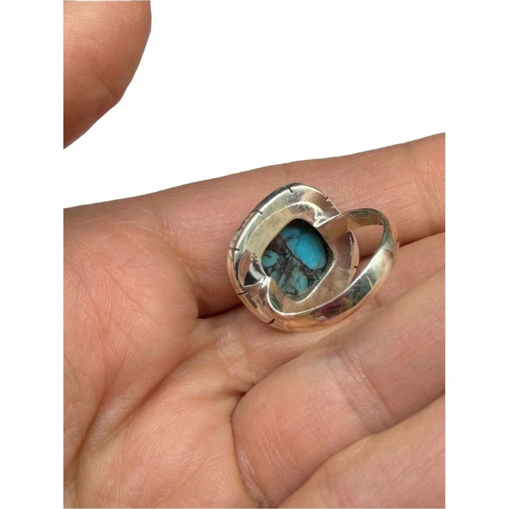 Tibetan Turquoise Ring Size 7 Solid 925 Sterling Silver Square